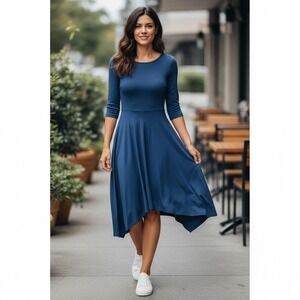 Womens Blue Fit and Flare Midi Dress Size 4 Cotton Blend Casual Career Lagenlook